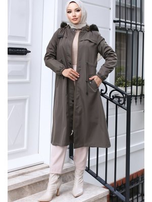 Haki İçi Peluşlu Yakası Kürklü Bondit Mont