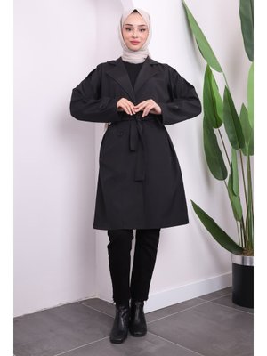 Siyah Bel Kuşaklı Düğmeli Trençkot