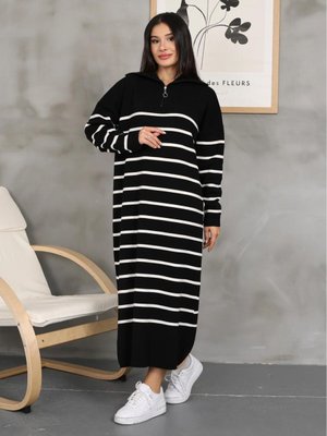 Fermuarlı Yaka Çizgili Triko Elbise