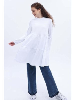 Beyaz Pamuklu Robadan Büzgülü Tunik
