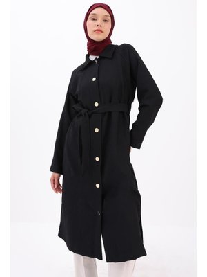 Siyah Şömiziye Yakalı Düğmeli Kuşaklı Kap