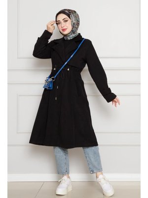 Siyah Cepken Detaylı Beli Tünelli Kaşe Kap Siyah Cepken Detaylı Beli Tünelli Kaşe Kap