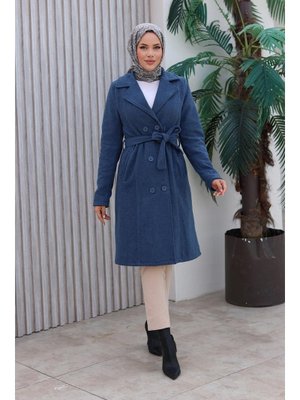 İndigo Düğme Detaylı Kaşe Kaban