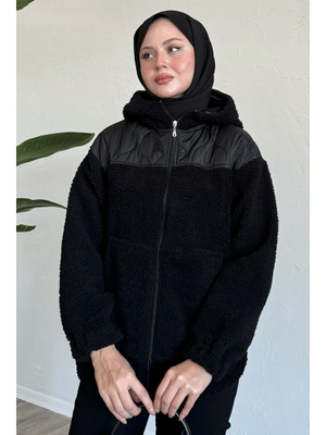 Kapitone Detay Siyah Peluş Hırka