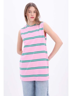 Pamuklu Çizgili Sıfır Kollu Tunik Pembe Yeşil Pamuklu Çizgili Sıfır Kollu Tunik Pembe Yeşil