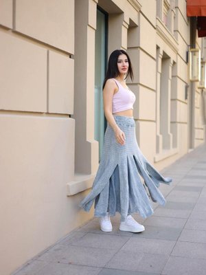 Gri Bohem Yıkamalı Parçalı Beli Lastikli Astarlı Koton Uzun Etek