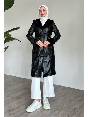 Kürk Detaylı Siyah Deri Trençkot