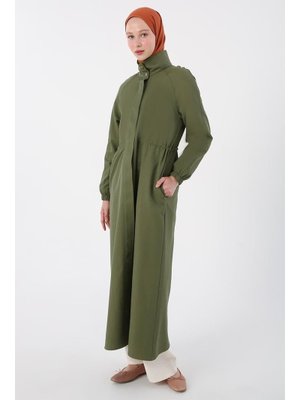 Haki Fermuarlı Beli Büzgülü Cepli Ferace