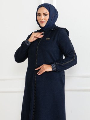 Şönil Kumaş Kapşonlu Fermuarlı Mevsimlik Ferace Lacivert