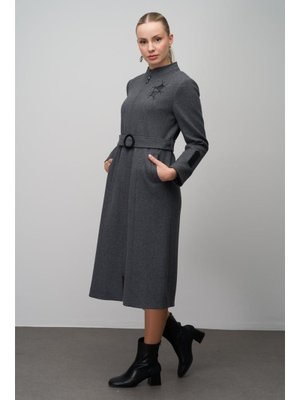 Antrasit Deri Ve İşleme Detaylı Yün Karışımlı Kap