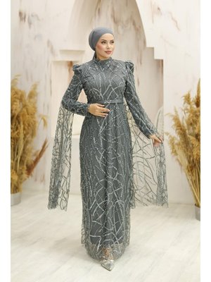 İncilay Boncuklu Abiye Elbise Gümüş