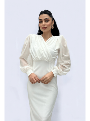 Beyaz Krep Kumaş İnci Detaylı Kolları Tül Kalem Elbise
