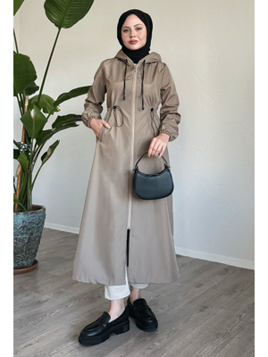 Sütlü Kahve Layisa Çizgili Desenli Beli Büzgü Trenç