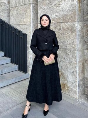 Tüvit Kumaş Şık Ceket Ve Etek Takım Siyah