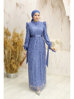 Mavi Gülçiçek Boncuklu Abiye Elbise