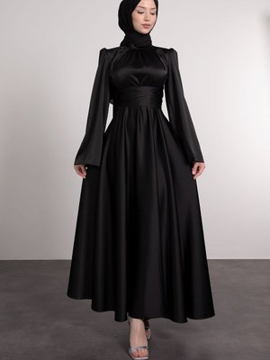 Çapraz Kemer İspanyol Kol Beli Dolamalı Saten Abiye Elbise