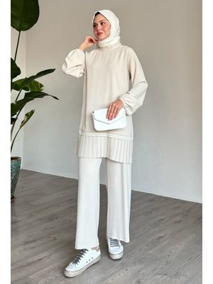 Etek Ucu Piliseli Biyeli Ekru İkili Takım