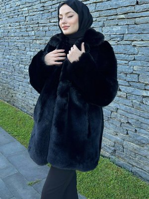 Uzun Suni Kürk Mont Siyah Uzun Suni Kürk Mont Siyah