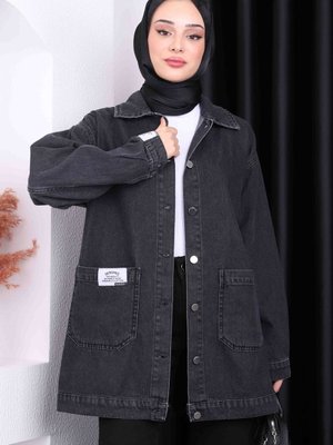 Antrasit Cepli Düğmeli Kot Ceket
