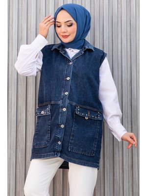 Koyu Mavi Aliv Taşlı Kot Yelek