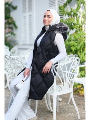 Siyah Çift Cepli Kapüşonlu Yelek Siyah Çift Cepli Kapüşonlu Yelek