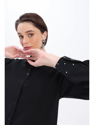 Siyah Manşeti Taşlı Sivri Yakalı Gömlek Tunik