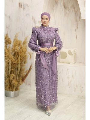 Lila Gülçiçek Boncuklu Abiye Elbise