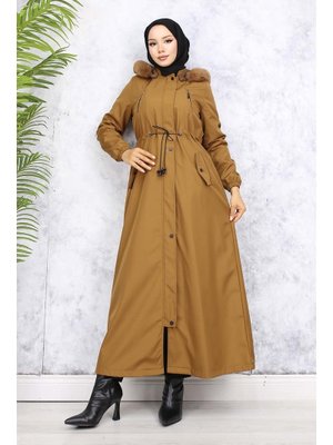Taba İçi Peluşlu Yakası Kürklü Uzun Bondit Mont