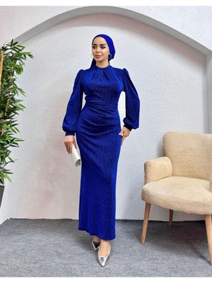 Simli Belden Drapeli Abiye Elbise