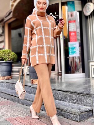 Düz Orta Vizon Triko Tunik Pantolon Düz Orta Vizon Triko Tunik Pantolon