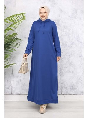 İndigo Kapüşonlu Basic Elbise