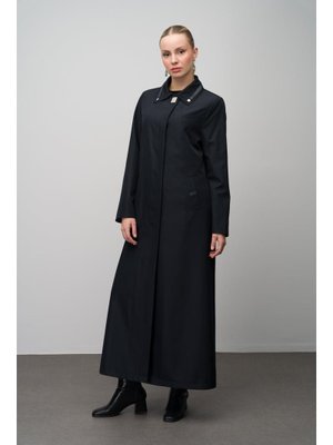 Lacivert Gömlek Yaka Deri Ve Metal Aksesuarlı Büyük Beden Astarlı Trenç Pardesü