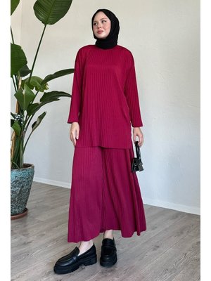 Mila Piliseli Pantolon Tunik Mürdüm İkili Takım 