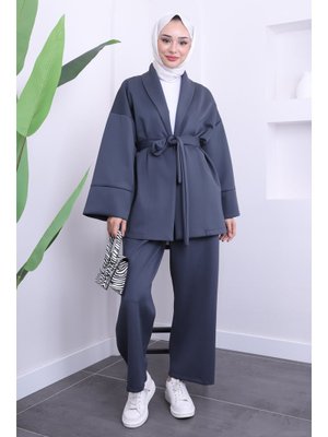 Füme Bel Kuşaklı Scuba Ceket Pantolon Takım