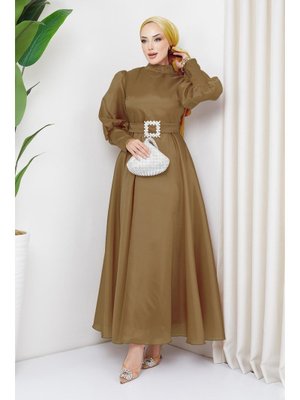 Kahverengi Balon Kollu Organze Abiye Elbise Kahverengi Balon Kollu Organze Abiye Elbise