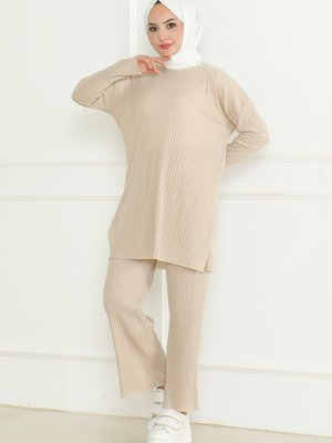 Bej Parça Kaşkorse Kumaş Çizgili Fitilli Mevsimlik Alt Üst Takım