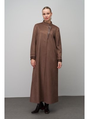 Deri Garnili Büyük Beden Süet Görünümlü Pardesü A.kahve