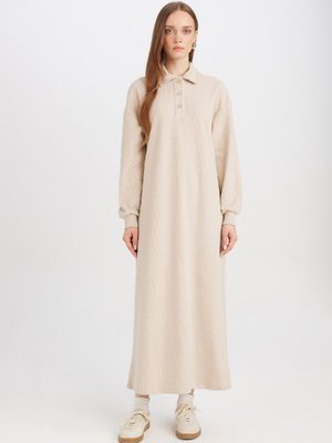 Regular Fit Düğmeli Yaka Basic Düz Uzun Kollu Selanik Kumaş Triko Gömlek Elbise B7260ax24wn