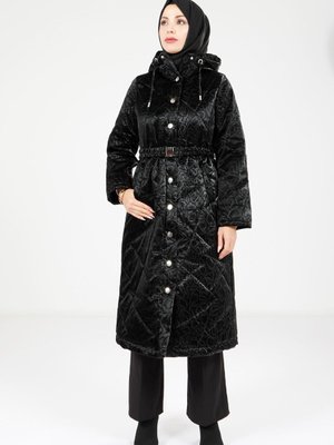 Siyah Desenli Kapüşonlu Kap