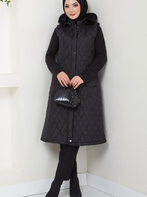 Kapüşonlu Kapitone Yelek Siyah