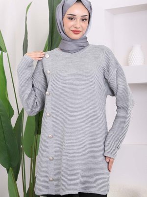 Gri Düğme Detaylı Gofralı Triko Tunik Gri Düğme Detaylı Gofralı Triko Tunik