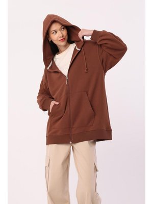 Açık Kahve Kanguru Cepli Oversize Sweat Hırka Açık Kahve Kanguru Cepli Oversize Sweat Hırka