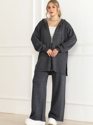 Simli Merserize Triko Pantolonlu Hırka Takım