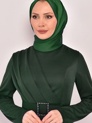 Giyim Abiye Moda Pileli Düğmeli Kemeri Taşlı İkili Takım Zümrüt