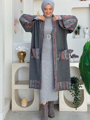 Etnik Desenli Cepli Triko Hırka Füme