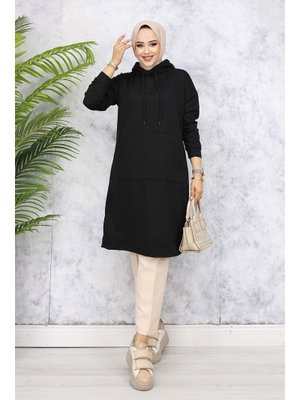 Siyah Kapüşonlu Uzun Tunik