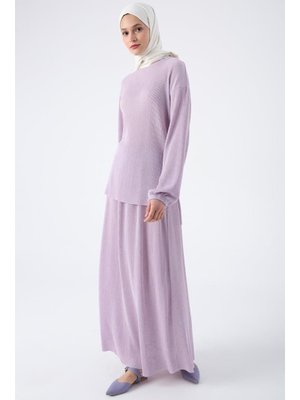 Lila Pliseli Yırtmaç Detaylı Bluzlu Etekli Takım