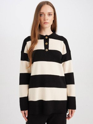 Regular Fit Polo Yaka Düğmeli Çizgili Kazak Tunik D2442ax24wn