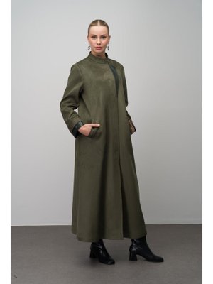 Haki Deri Garnili Büyük Beden Süet Görünümlü Pardesü