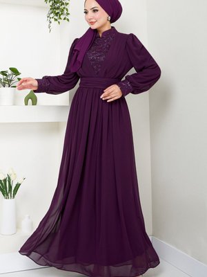 Pullu Şifon Abiye Elbise Mürdüm Pullu Şifon Abiye Elbise Mürdüm